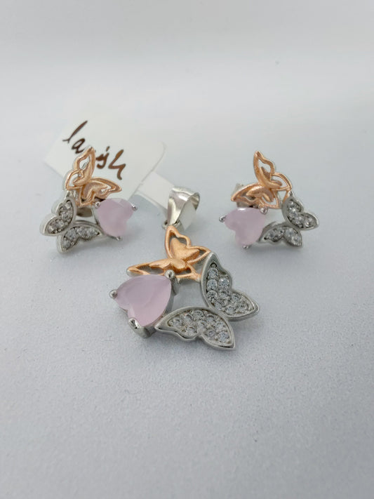 Pink stone Butterfly pendant earring set