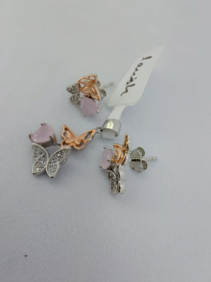 Pink stone Butterfly pendant earring set