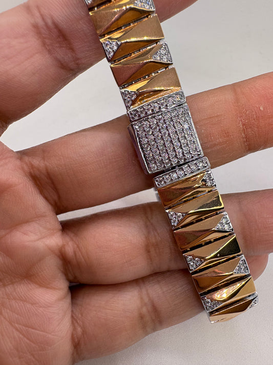 925 Rose Gold polish & White CZ Stone Heavy Men’s Bracelet with Lock