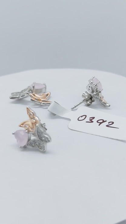 Pink stone Butterfly pendant earring set